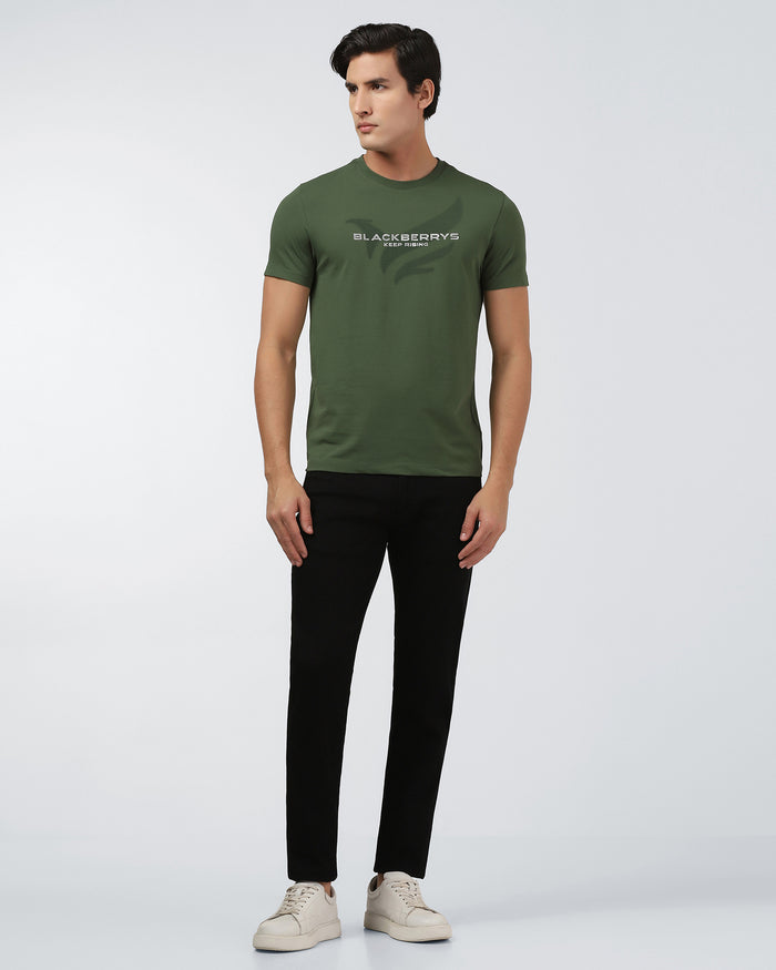Olive Green Crew Neck Printed T-Shirt - Posi