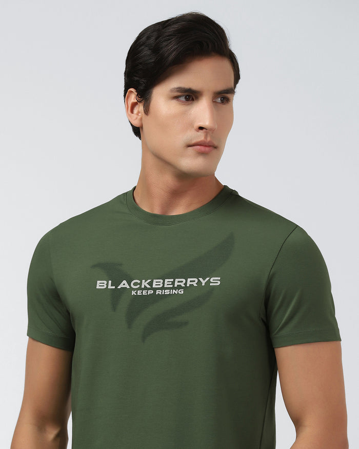 Olive Green Crew Neck Printed T-Shirt - Posi