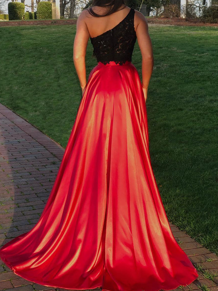 One Shoulder 2 Pieces Black Lace Prom Dresses, 2 Pieces Black Lace Formal Graduation Evening Dresses
