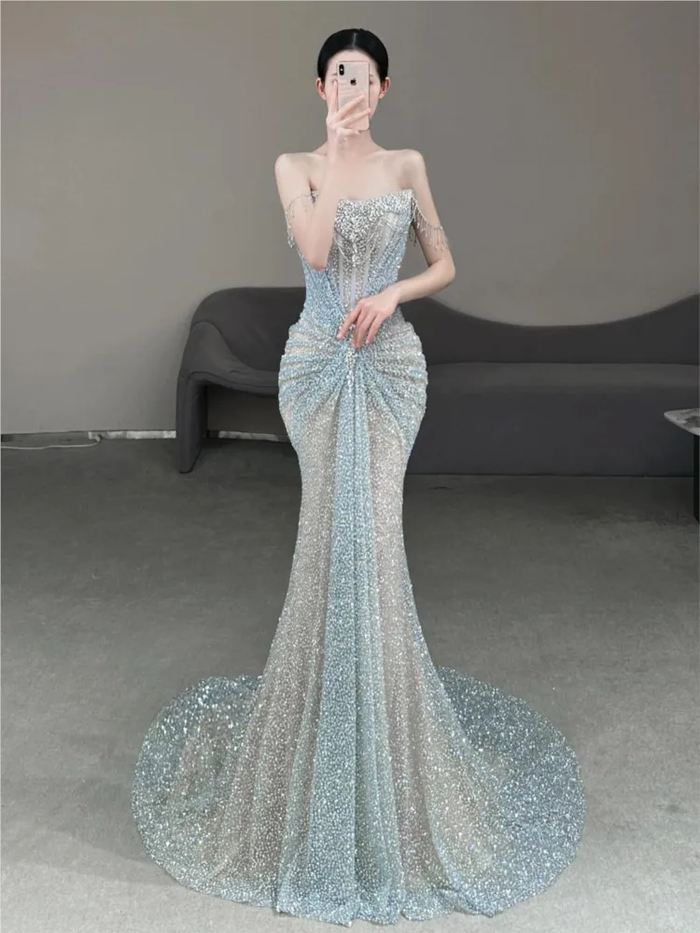 One-shoulder heavy sequined elegant banquet fishtail light luxury niche dress