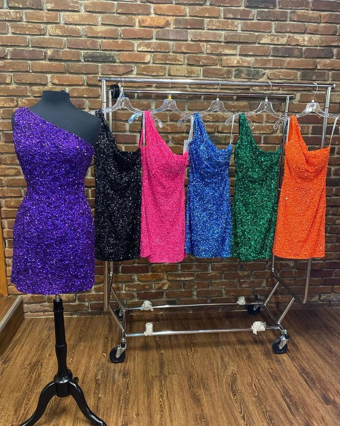 One Shoulder Red Sequins Tight Party Dress