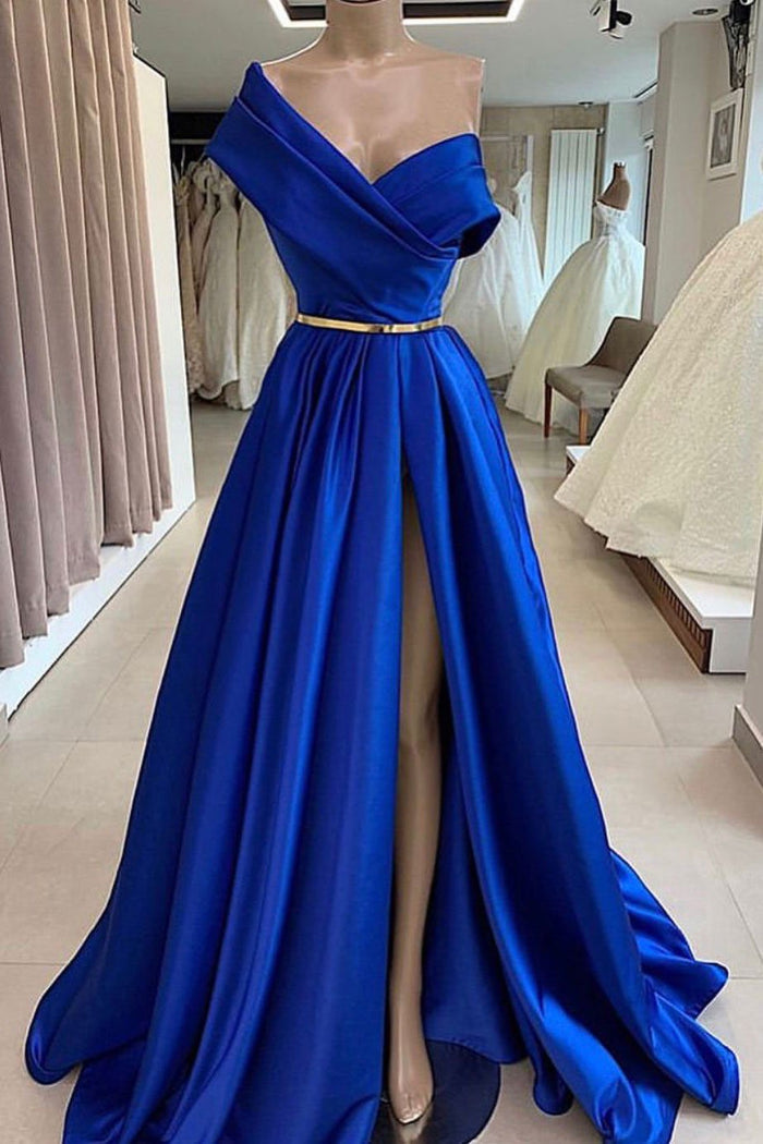 One Shoulder Royal Blue Floor Length Prom Dress with High Slit, High Slit Royal Blue Long Formal Evening Dresses