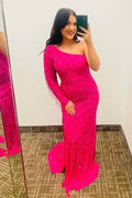 One Sleeve Neon Pinl Sequin Mermaid Tassel Long Prom Dress