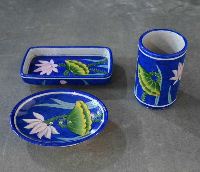 Oval Lotus Blue Pottery Soap Dish