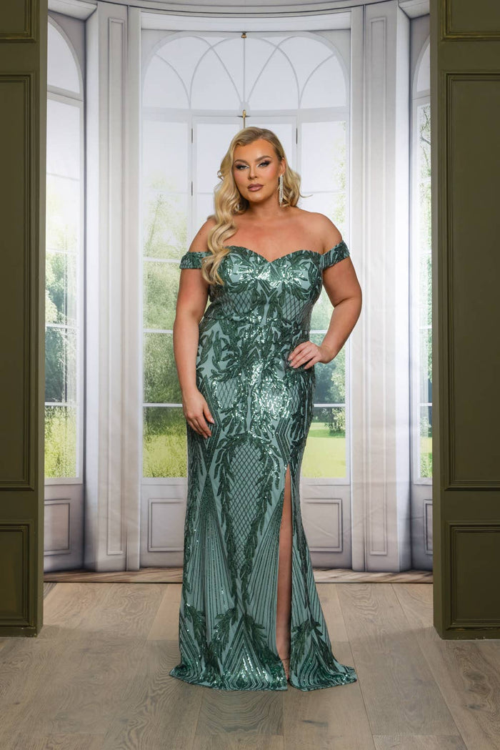 P1013P25-PLUS SIZE SEQUIN OFF SHOULDER MAXI DRESS