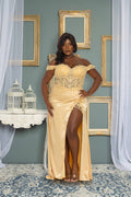 P7505-PLUS SIZE OFF SHOULDER BEADED AND EMBROIDERED MAXI