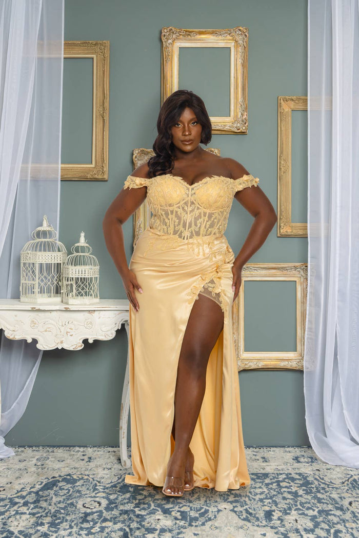 P7505-PLUS SIZE OFF SHOULDER BEADED AND EMBROIDERED MAXI