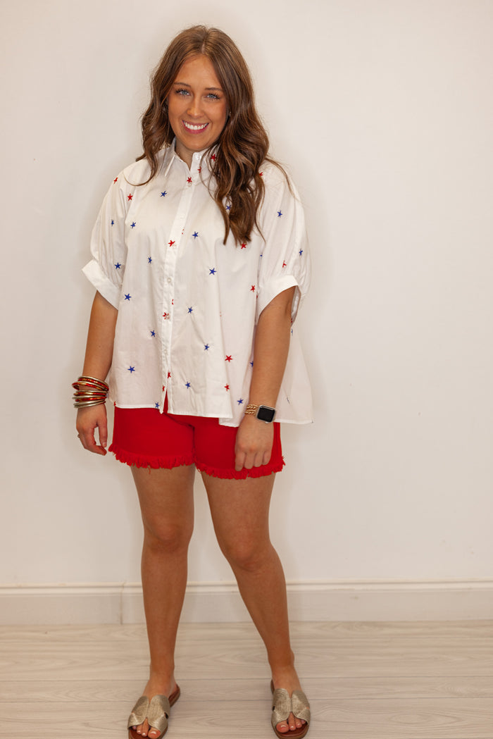 white star embroidered button down shirt