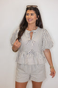 classy pin stripe bow detail peplum top