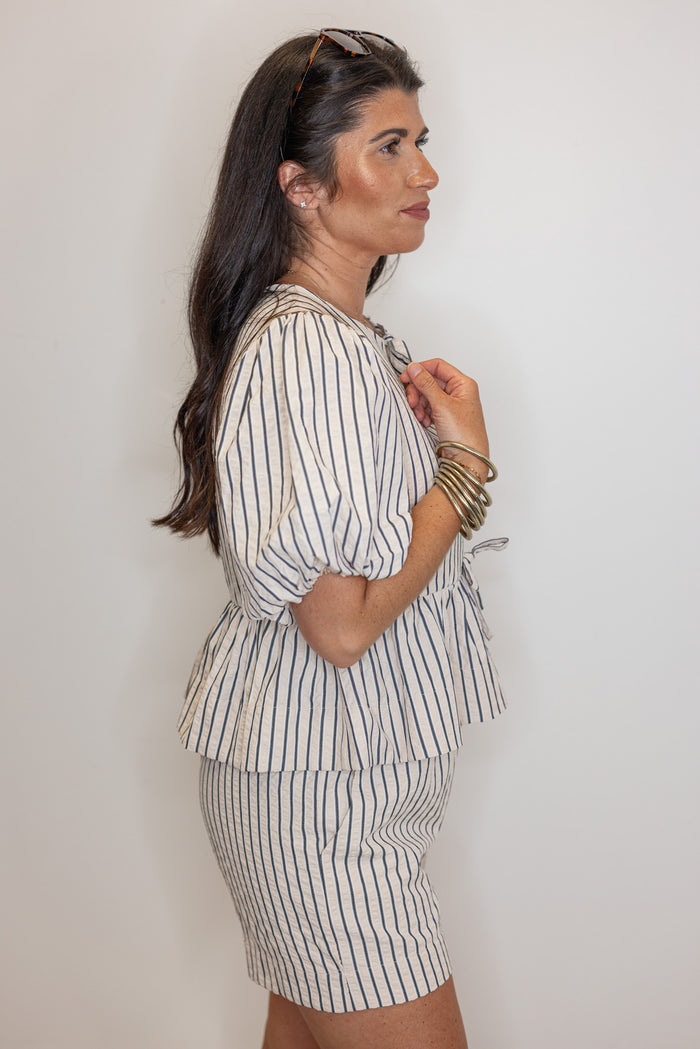 classy pin stripe bow detail peplum top