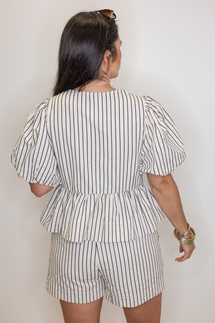 classy pin stripe bow detail peplum top