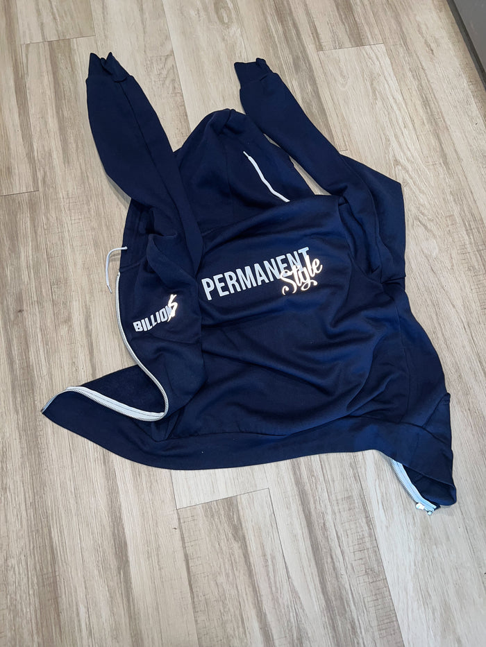 “Permeant Style” Zip Up Hoodie (Navy Blue/White/Reflective)