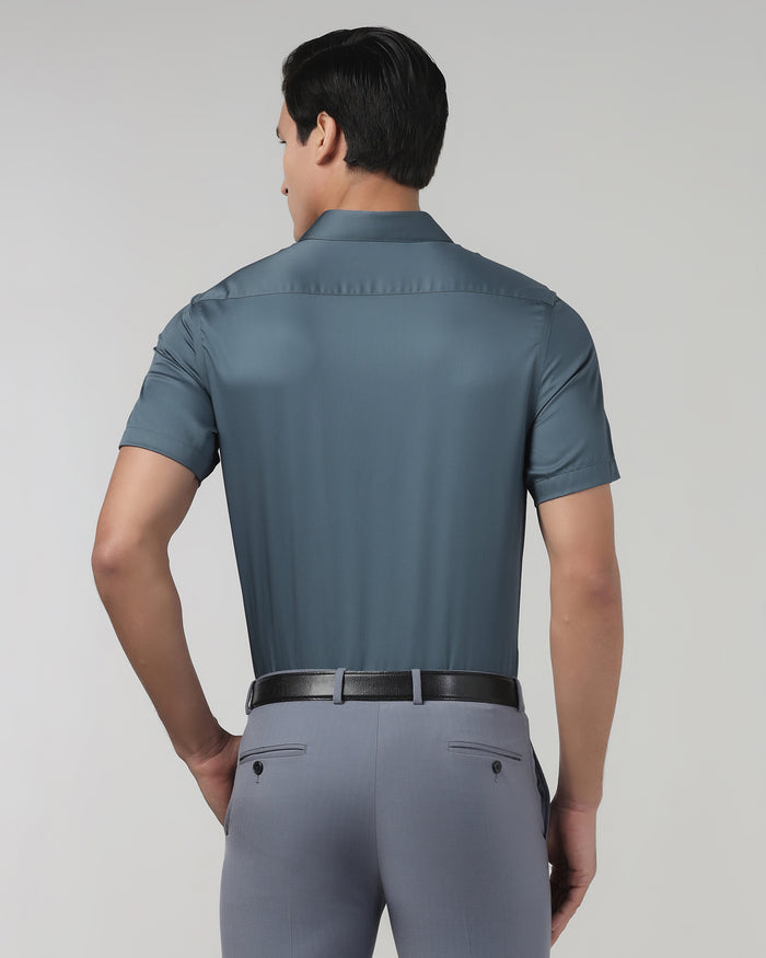 Petrol Blue Half Sleeve Unwrinkle Solid Shirt - Sylvia
