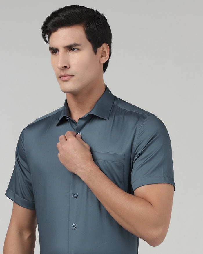 Petrol Blue Half Sleeve Unwrinkle Solid Shirt - Sylvia