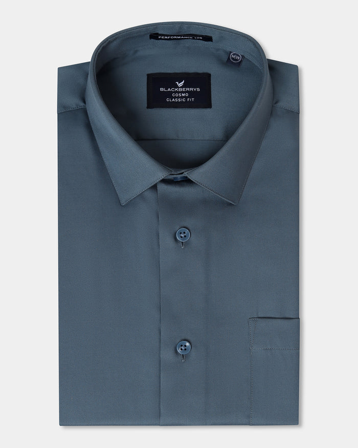 Petrol Blue Half Sleeve Unwrinkle Solid Shirt - Sylvia