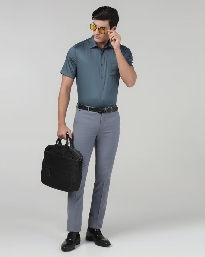Petrol Blue Half Sleeve Unwrinkle Solid Shirt - Sylvia