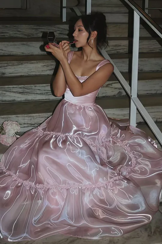 Pink A-Line Straps Scoop Empire-Waist Sleeveless Long Prom Dress