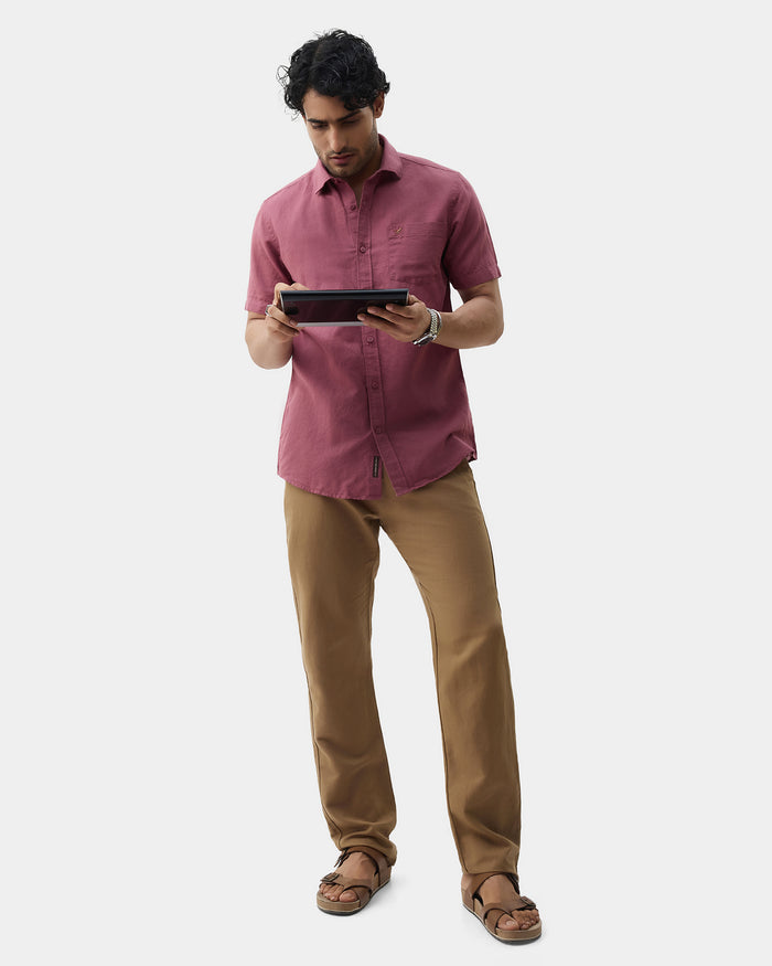 Pink Half Sleeve Linen Solid Shirt - Cleo