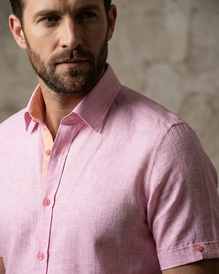 Pink Linen Plain Short Sleeve Shirt