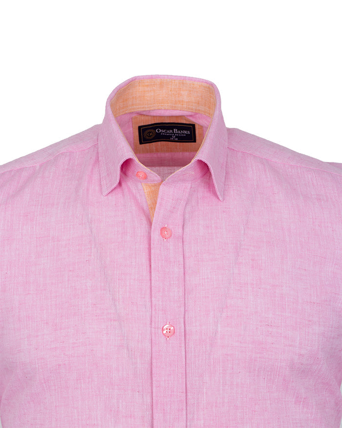 Pink Linen Plain Short Sleeve Shirt-Makrom