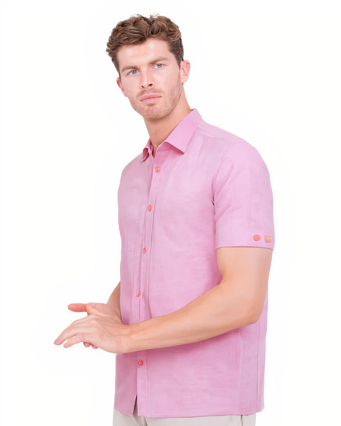 Pink Linen Plain Short Sleeve Shirt-Makrom