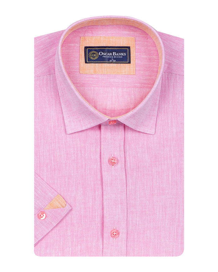 Pink Linen Plain Short Sleeve Shirt-Makrom
