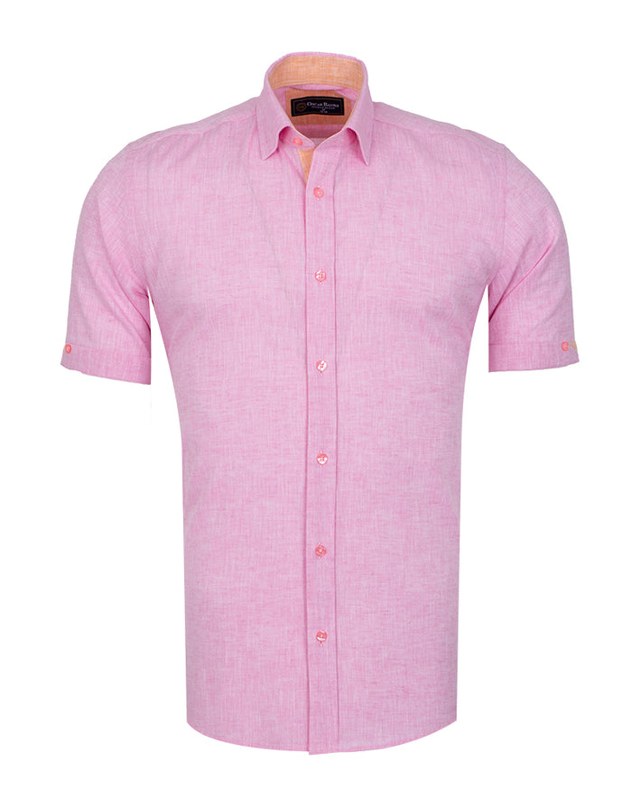 Pink Linen Plain Short Sleeve Shirt-Makrom