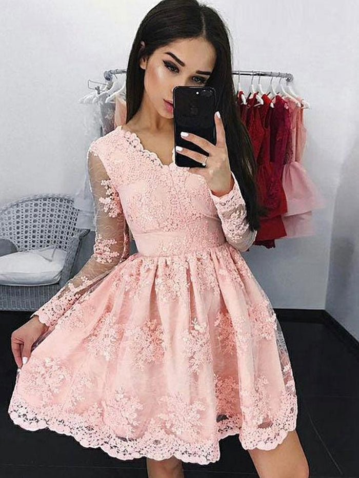 Pink Long Sleeves Short Lace Prom Dresses, Short Long Sleeves Pink Lace Graduation Homecoming Formal Dresses
