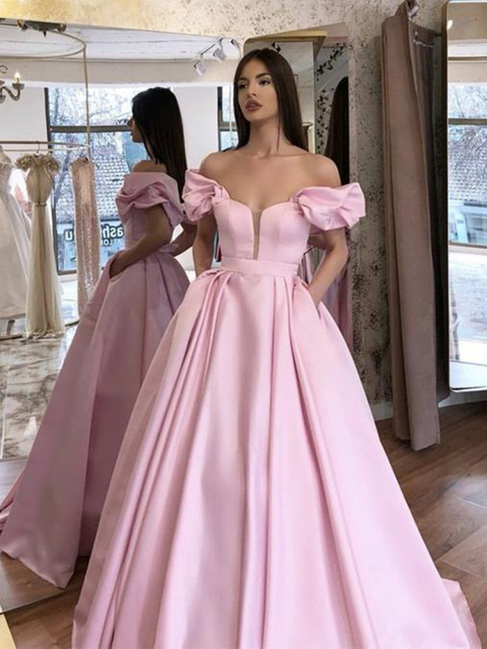 Pink Off Shoulder Long Prom Dresses, Off the Shoulder Pink Floor Length Formal Graduation Evening Dresses
