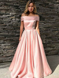 Pink Off Shoulder Satin Prom Dress Long, Off the Shoulder Pink Satin Long Formal Graduation Evening Dresses