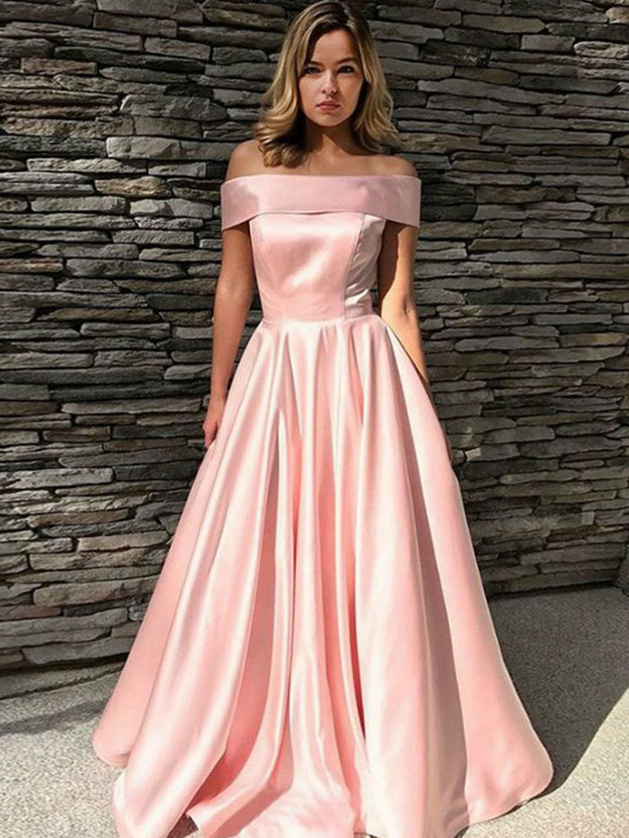 Pink Off Shoulder Satin Prom Dress Long, Off the Shoulder Pink Satin Long Formal Graduation Evening Dresses