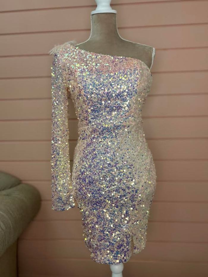 Pink Sequence One Sleeve Dress