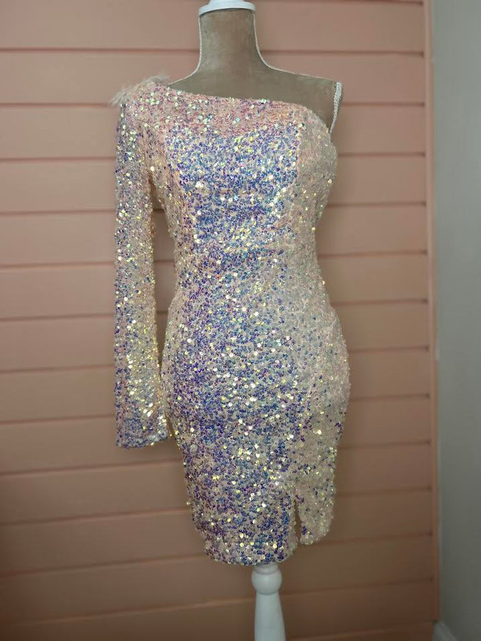Pink Sequence One Sleeve Dress