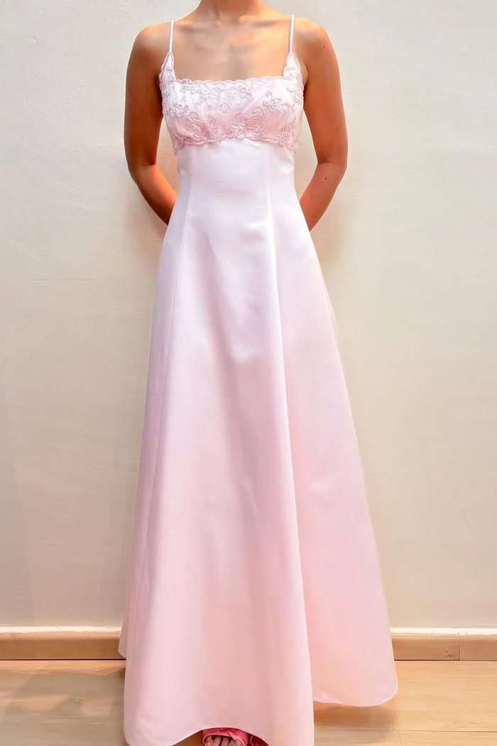 Pink Spaghetti Straps Appliques Empire-Waist Satin Prom Dress