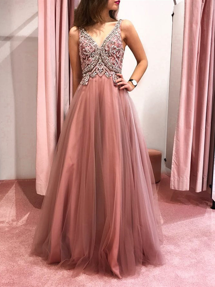 Pink V Neck Backless Beaded Prom Dresses, Pink Backless Formal Graduation Evening Dresses
