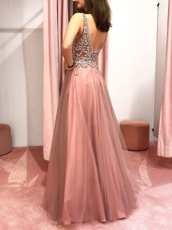 Pink V Neck Backless Beaded Prom Dresses, Pink Backless Formal Graduation Evening Dresses
