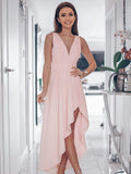 Pink V Neck High Low Prom Dresses, Pink High Low Graduation Formal Dresses