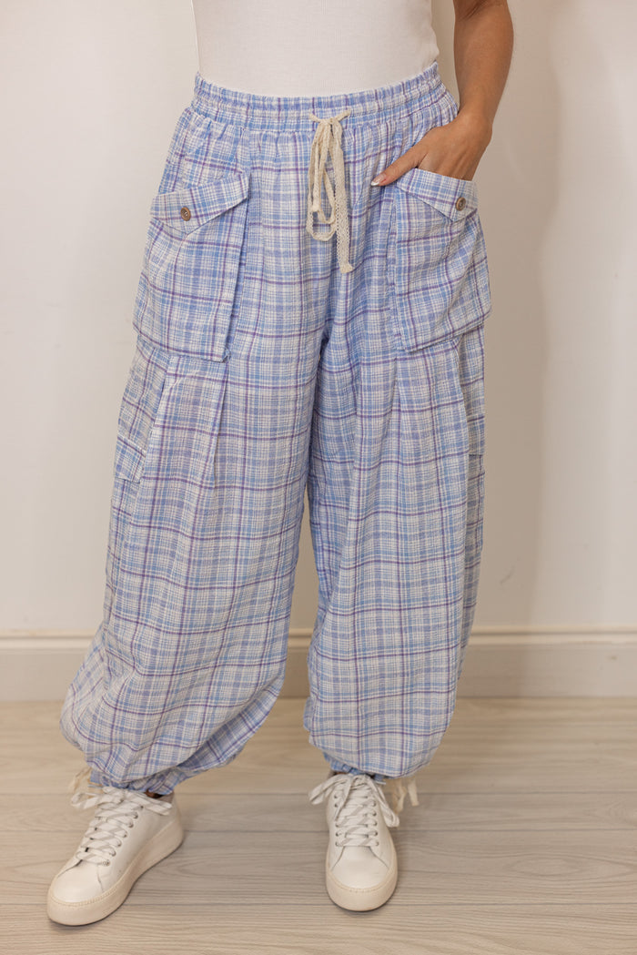 blue plaid balloon jogger pants