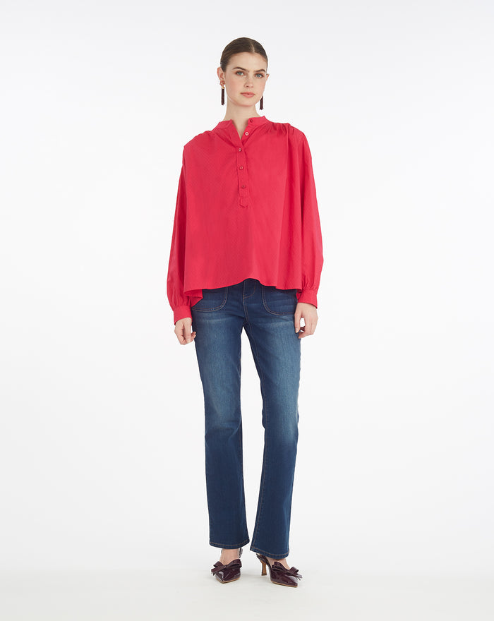 Pleated Button Down in Cotton Dobby in Love Potion
