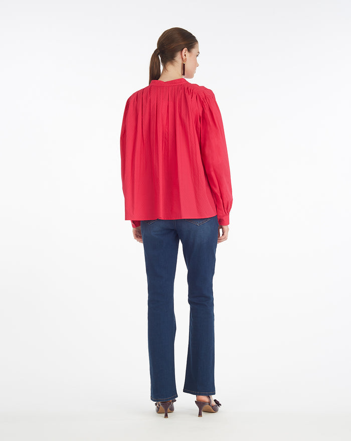 Pleated Button Down in Cotton Dobby in Love Potion