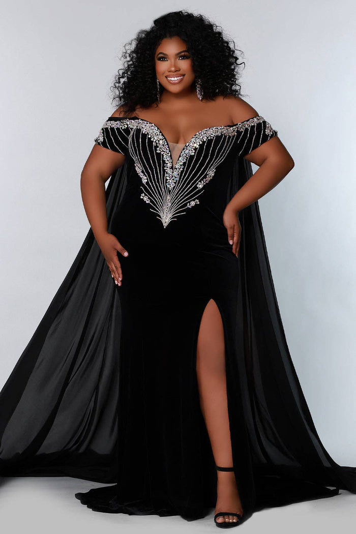 Plus Size Beaded Velvet Pageant Gown with Cape