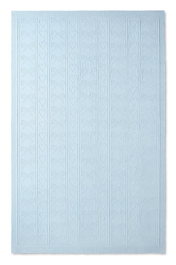 Blue, 100% cotton chic throw blanket. Featuring heart and bow-stripped pointelle details.