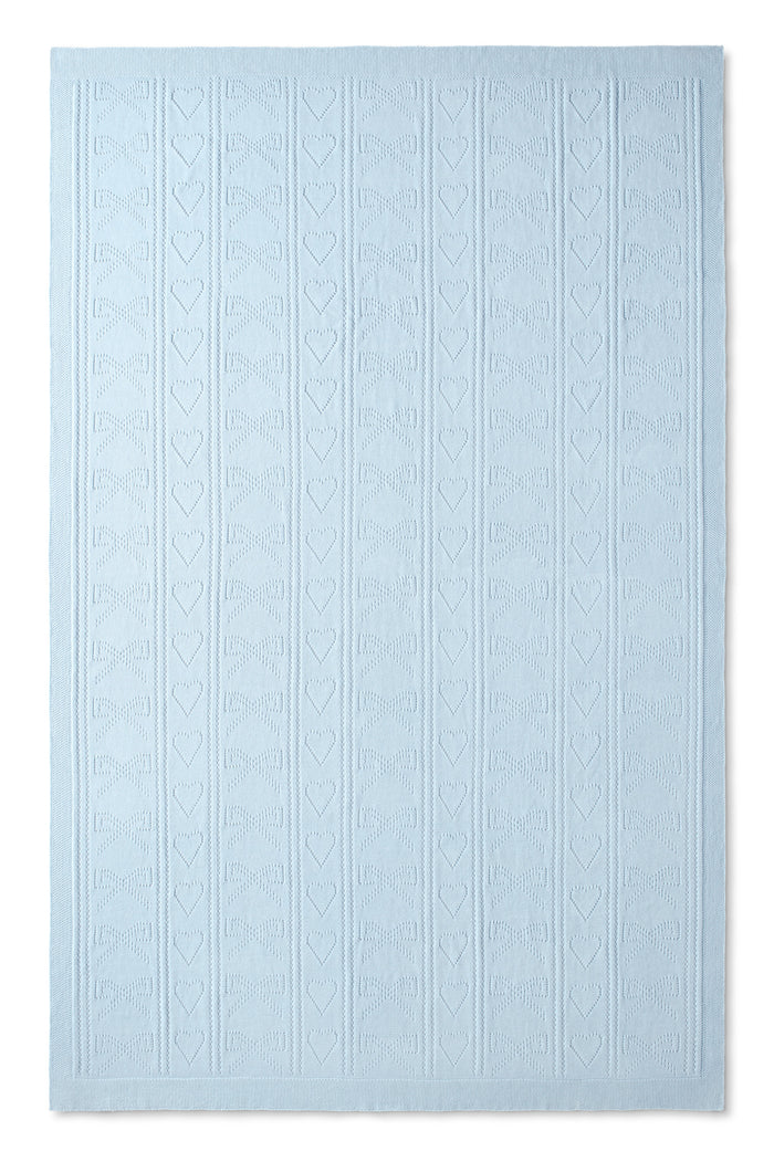Blue, 100% cotton chic throw blanket. Featuring heart and bow-stripped pointelle details.