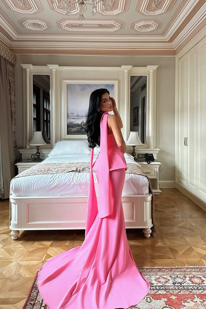 Pretty Flamingo Strapless Sleeveless Satin Mermaid Prom Dress Two Pieces Set On Sale