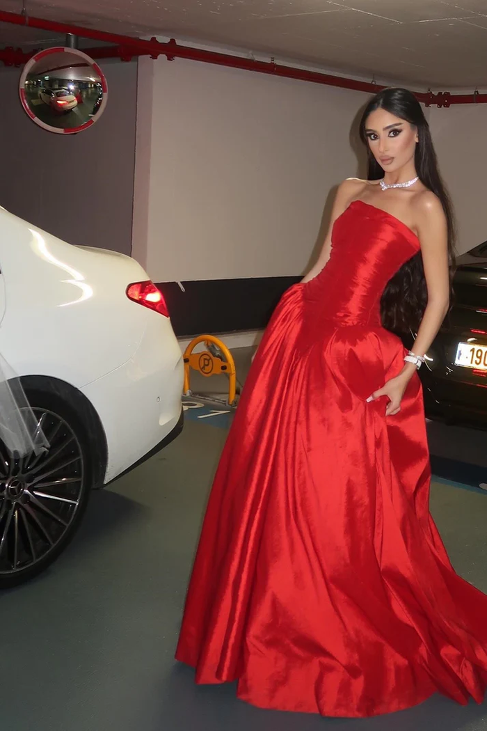 Princess A Line Strapless Red Long Party Dress with Ruffles