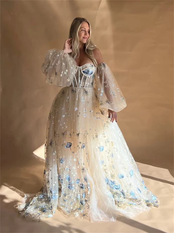 Princess Flower Lace A-line Wedding Dress Gorgeous Puffy Sleeve Side Split Sweetheart