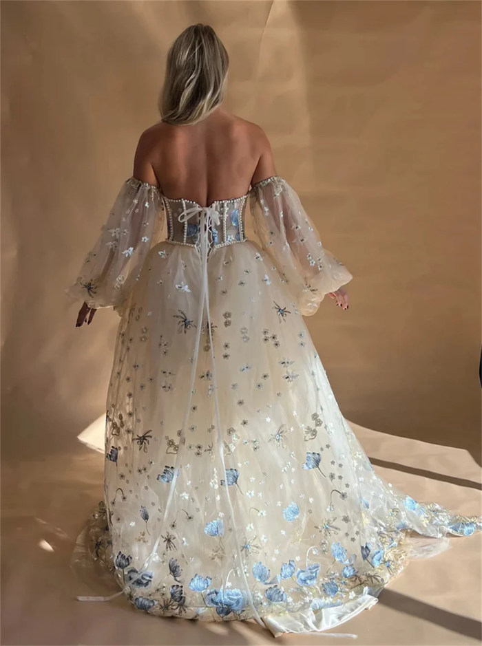 Princess Flower Lace A-line Wedding Dress Gorgeous Puffy Sleeve Side Split Sweetheart