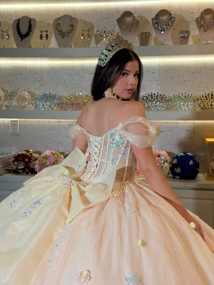 Princess Off Shoulder Glittery Tulle Beaded Quinceanera Dresses with Bowknot