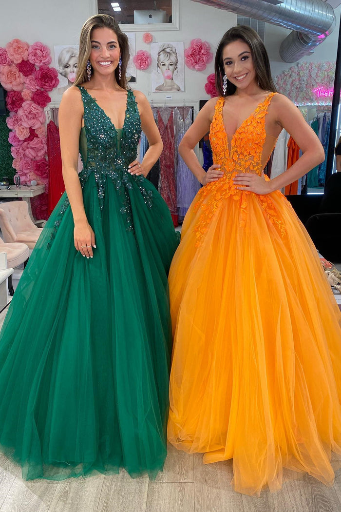 Princess Orange A-line Floral Appliues Long Formal Dress