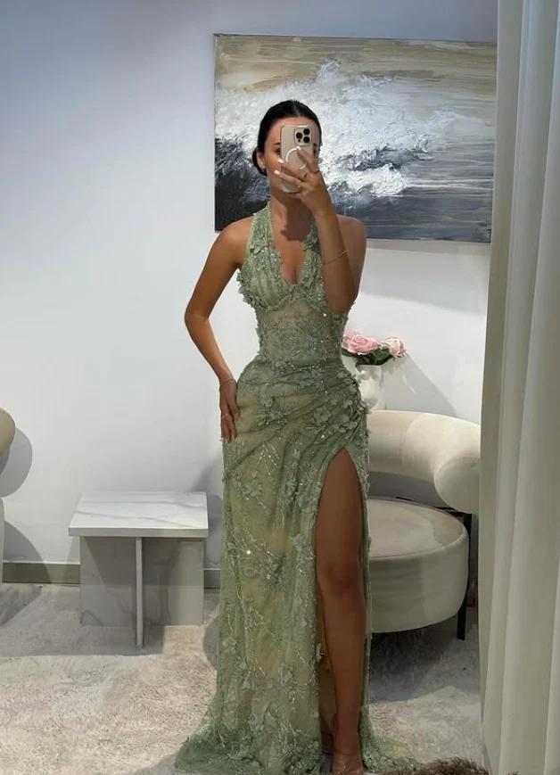 Purple Sheath V Neck Beaded Lace Open Back Prom Dress Evening Dress with Slit